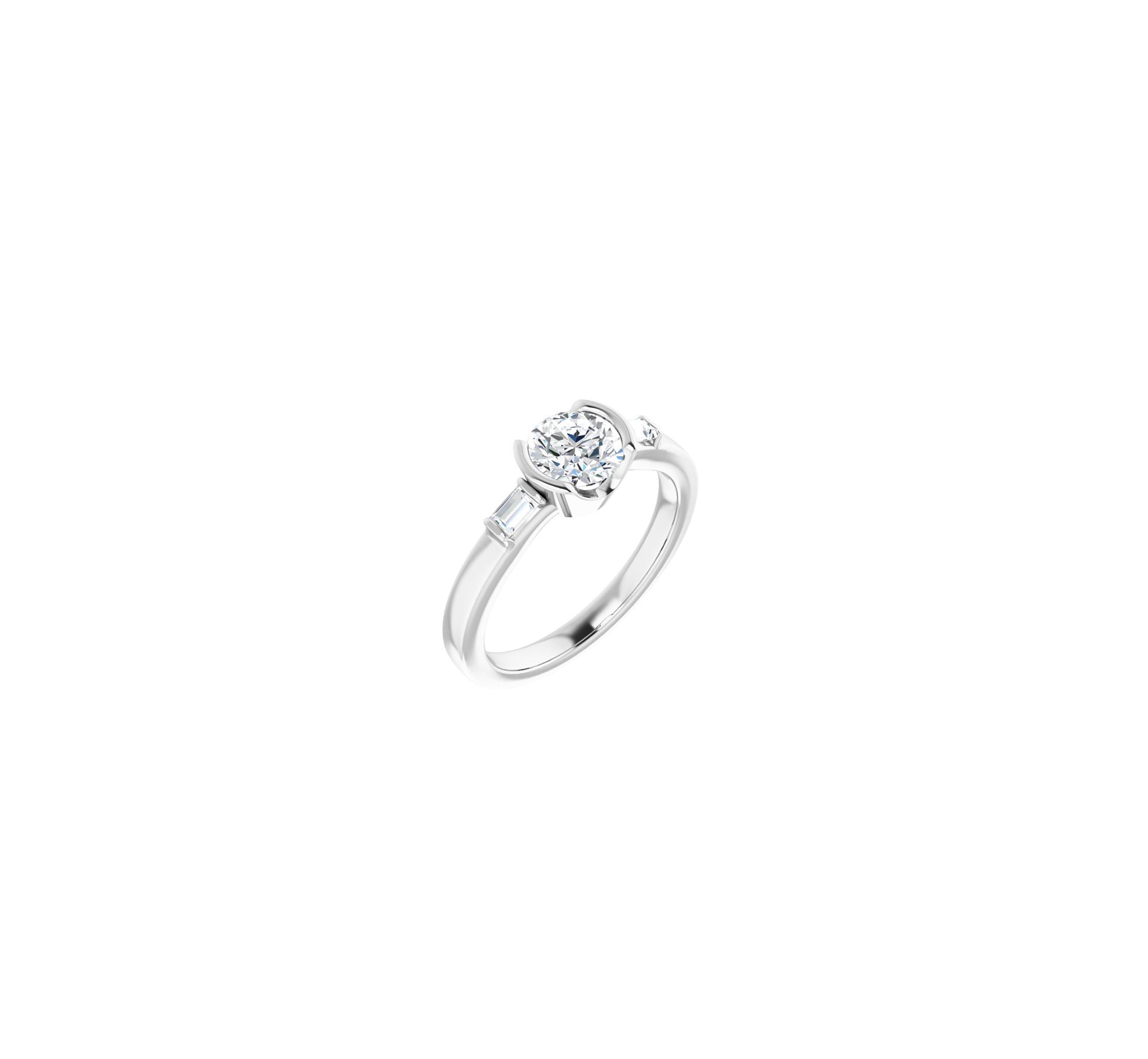 .70 F VS1 3 X EX round brilliant cut diamond  with 3 x 2mm straight baguette diamonds VS GH     White gold partial bezel ring with baguette side stones 6mm band size 7 