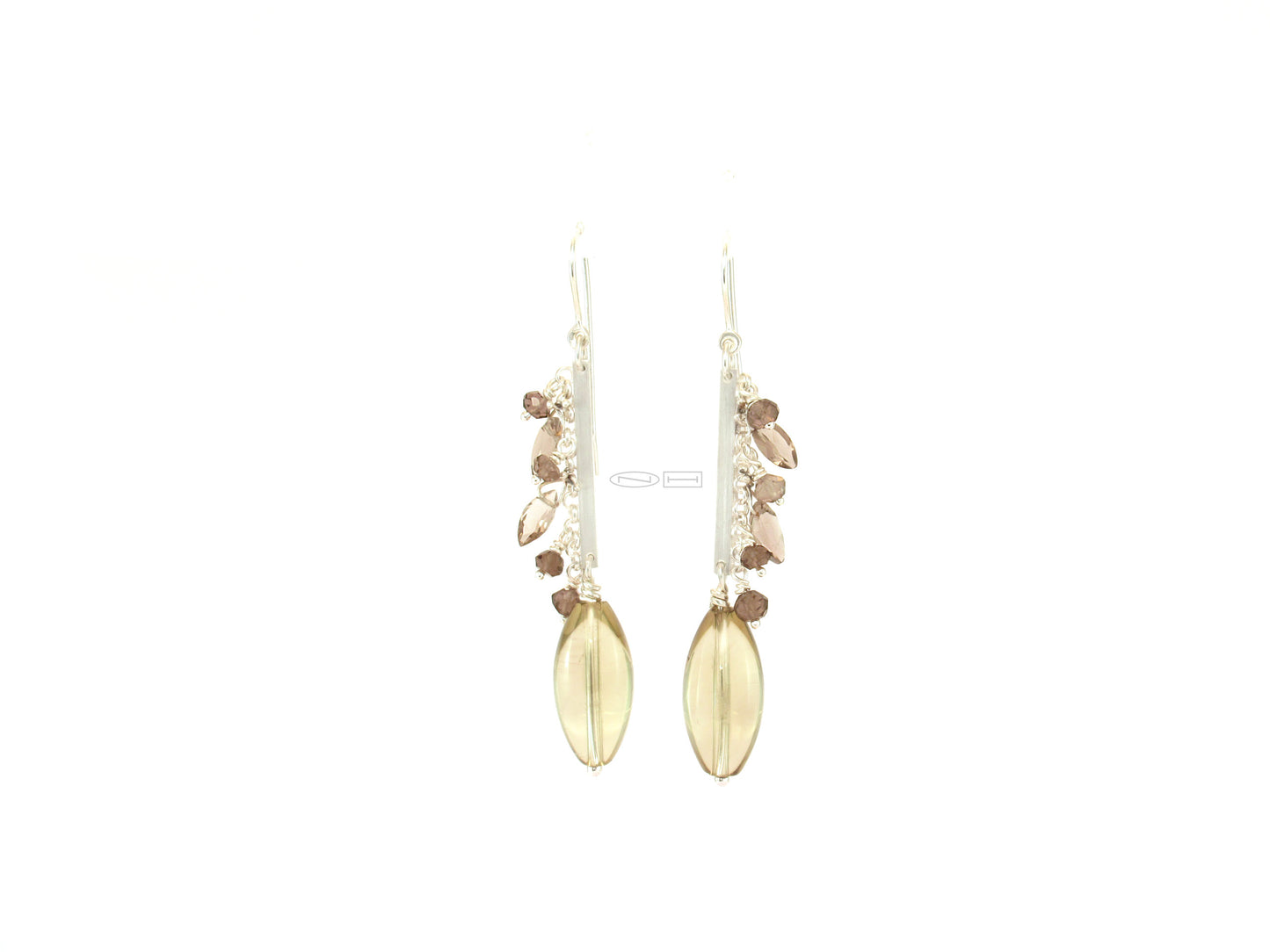 Canadian handmade by zealmetal in Kingston ONFringe Lemon Quartz ~ Sterlings silver, with a fringe of smoky quartz facetted bead in round and marquee, with a large clear Lemon quartz bead. Approx - 62mm length x 10mm width