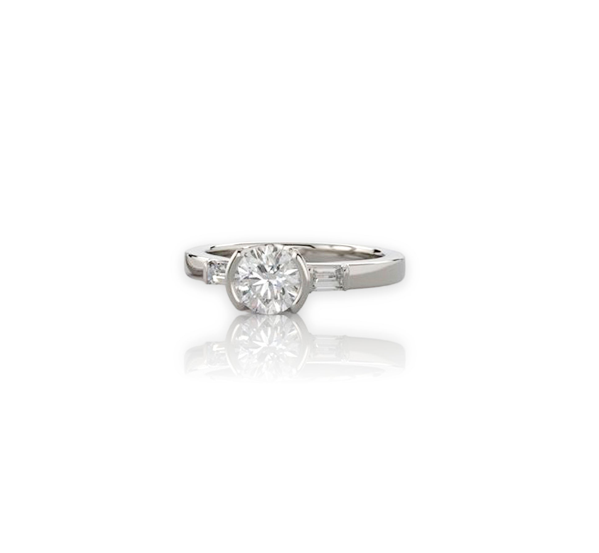 .70 F VS1 3 X EX round brilliant cut diamond  with 3 x 2mm straight baguette diamonds VS GH     White gold partial bezel ring with baguette side stones 6mm band size 7