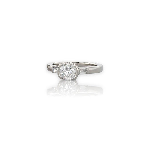.70 F VS1 3 X EX round brilliant cut diamond  with 3 x 2mm straight baguette diamonds VS GH     White gold partial bezel ring with baguette side stones 6mm band size 7
