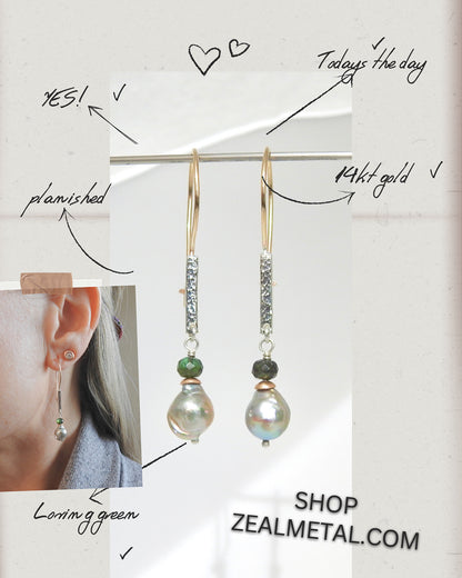 Planished bar hoops with grey baroque pearls and tourmaline