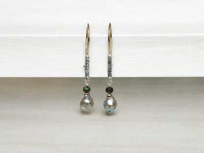 Planished bar hoops with grey baroque pearls and tourmaline