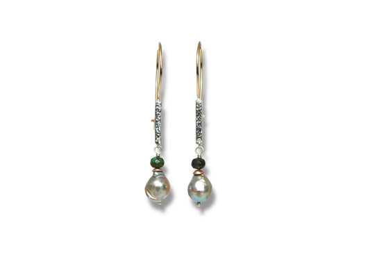 Planished bar hoops with grey baroque pearls and tourmaline