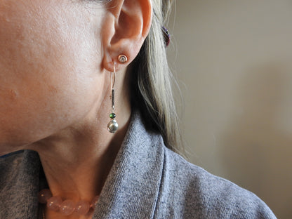 Planished bar hoops with grey baroque pearls and tourmaline