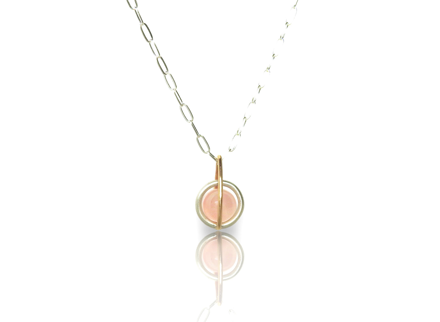 Floating rose quarts sphere pendant with gold drop shape link, sterling silver centre round link gently holding an un-drilled 8.5 mm rose quartz stone, free floating emphasizing space and freedom., by ZEALmetal, Nicole Horlor, in Kingston, ON, Canada