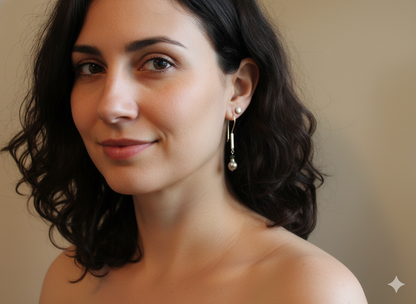 Planished bar hoops with grey baroque pearls and tourmaline