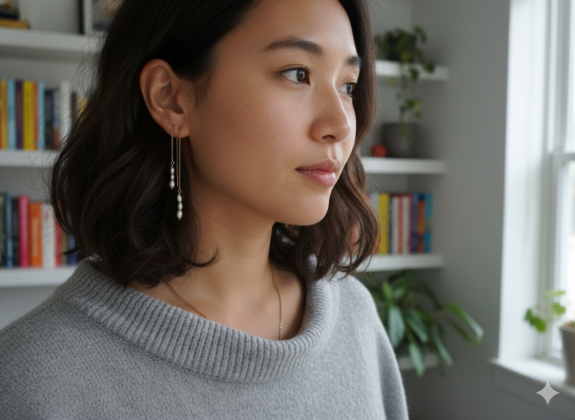 Threaded rice pearl earrings