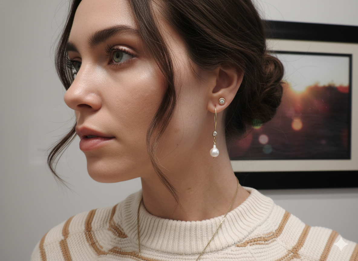 Diamond in the rough hoops with baroque pearl dangles