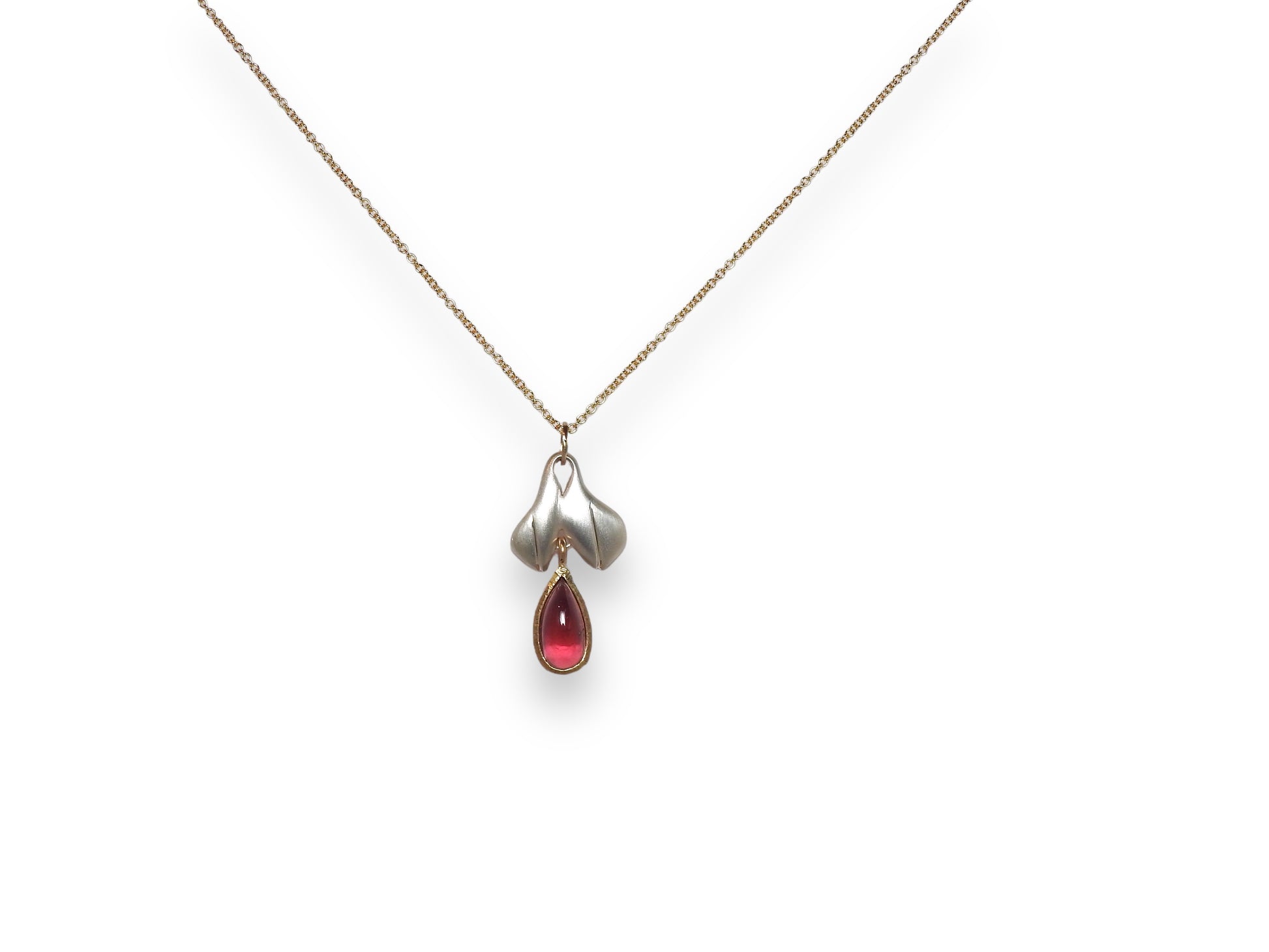 Tourmaline drop cab stone pendant in yellow gold and sterling silver, by ZEALmetal, Nicole Horlor, in Kingston, ON, Canada