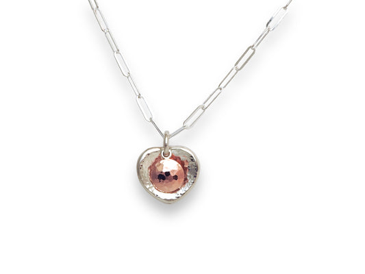 Dazzling sparkling reflective organic pebble heart, with a 14kt rose gold floating planished dome. Resting and glowing in the soften, receptive, valley like heart.   Inspired by the quote shown in the images with the great saint Sri Anandamayi Ma, by ZEALmetal, Nicole Horlor, in Kingston, ON, Canada
