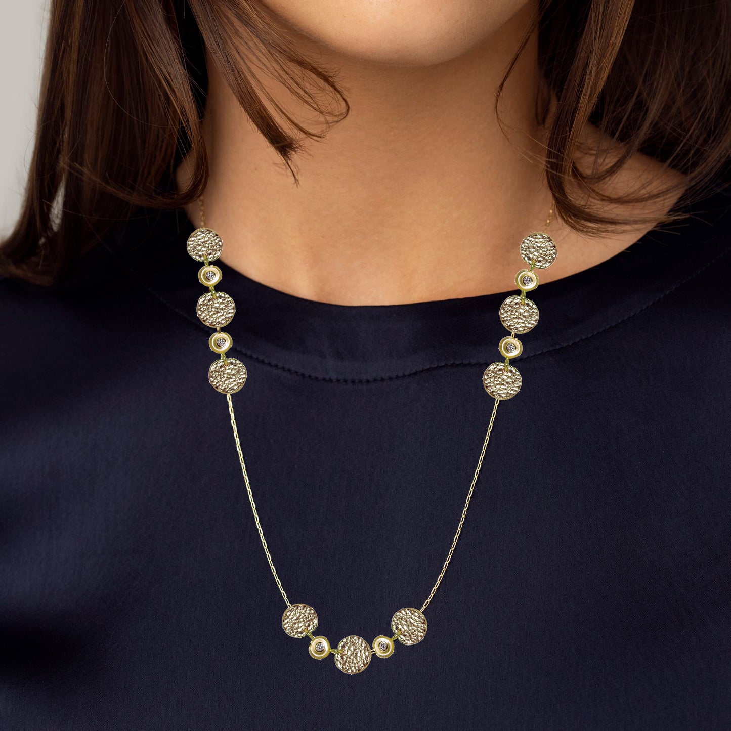 Diamonds in the rough and sun disc necklace