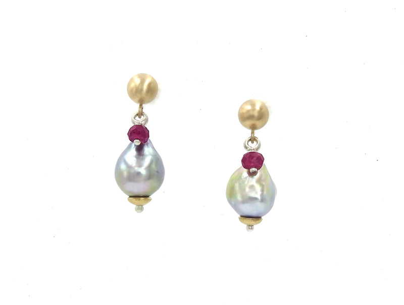 Grey Baroque pearl earrings with rubies made by ZEALmetal, Nicole Horlor, Kingston, ON, Canada