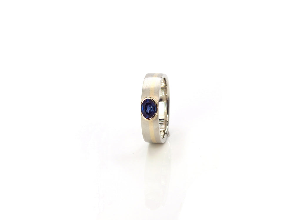 Custom, bespoke, 14kt yellow and white gold ring with oval blue sapphire, by ZEALmetal, Nicole Horlor, in Kingston, ON, Canada