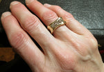 Custom designed and handcrafted Organically you 14kt yellow gold 3 diamond anniversary band. This band was designed around 2 recycled diamonds of Anne’s, and a third added.  Canadian, Local, handmade Custom diamond rings by ZEALmetal in Kingston ON.