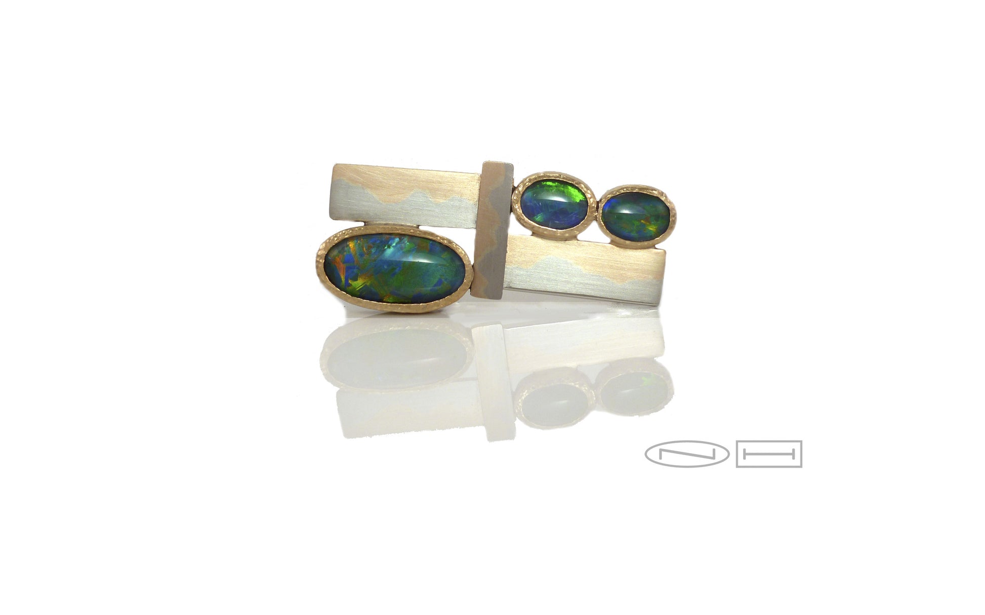 Bespoke Black Opal broach, in 18kt Yellow and white gold,  by ZEALmetal, Nicole Horlor, in Kingston, ON, Canada 
