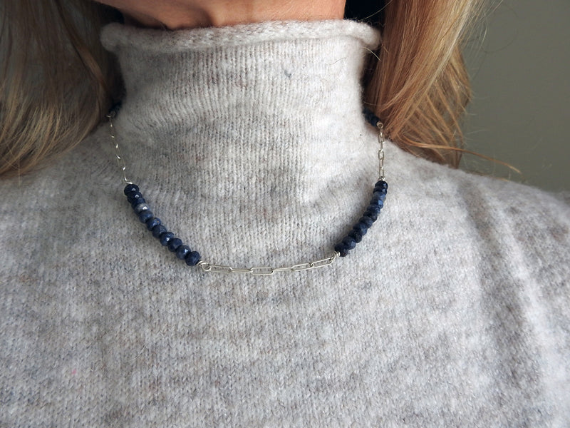 Blue sapphire necklace with paperclip chain, by ZEALmetal, Nicole Horlor, in Kingston, ON, Canada
