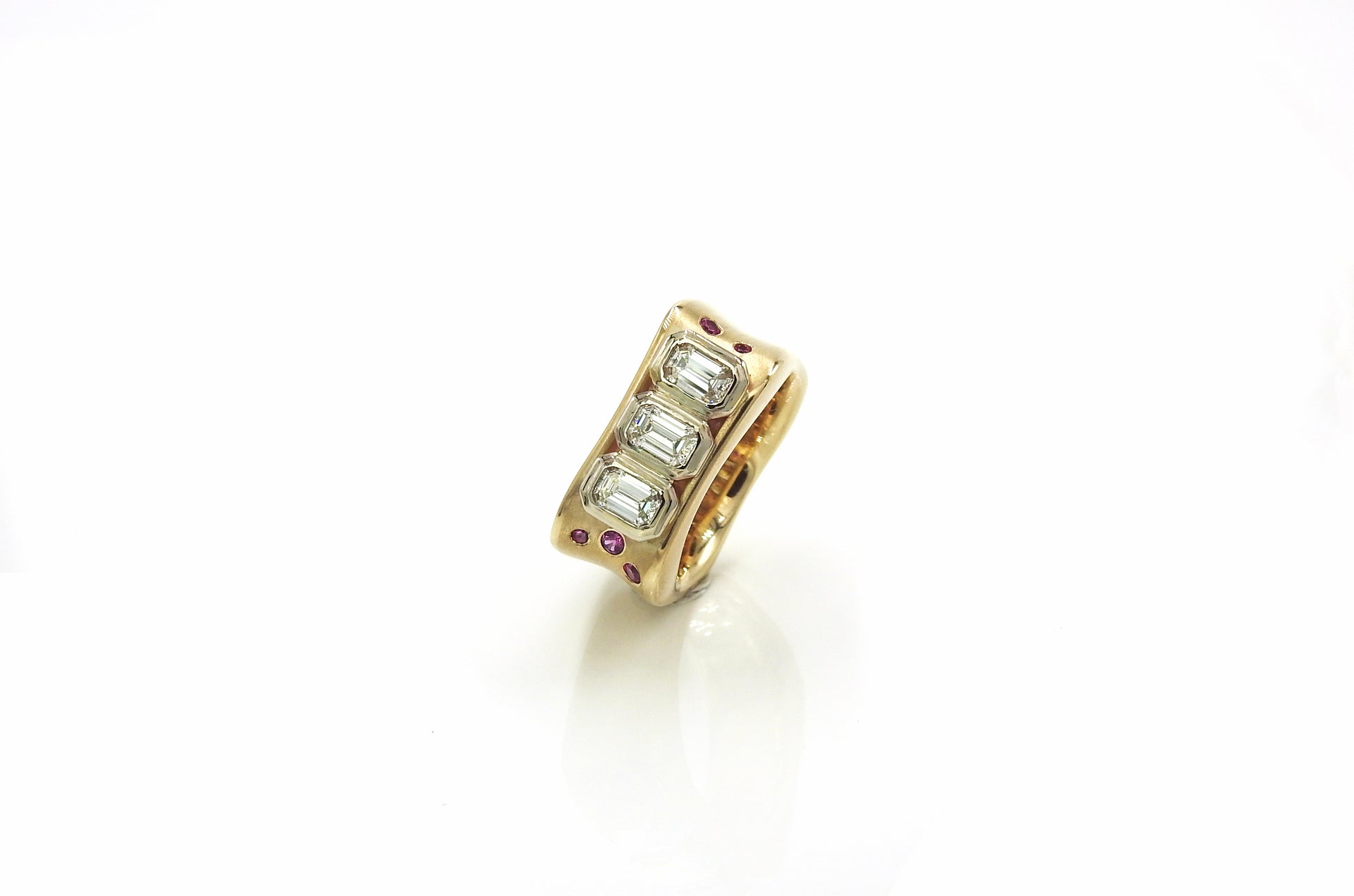 Bespoke ring, Custom ring, Organically you, in 14kt yellow gold, emerald cut diamonds, pink sapphires, by ZEALmetal, Nicole Horlor, in Kingston, ON, Canada