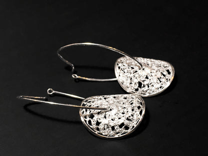 Crochet disc ~ Marquise hoops Sterling silver and fine silver crochet discs framed in sterling silver and gently floating on marquise hoops.    Light, flowing textile beauty Canadian, Handmade, In Kingston ON, by ZEALmetal, Nicole Horlor