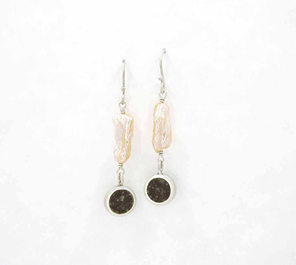 Baroque pearl and limestone inlay Jewellery made by ZEALmetal, Nicole Horlor, in Kingston, ON, Canada