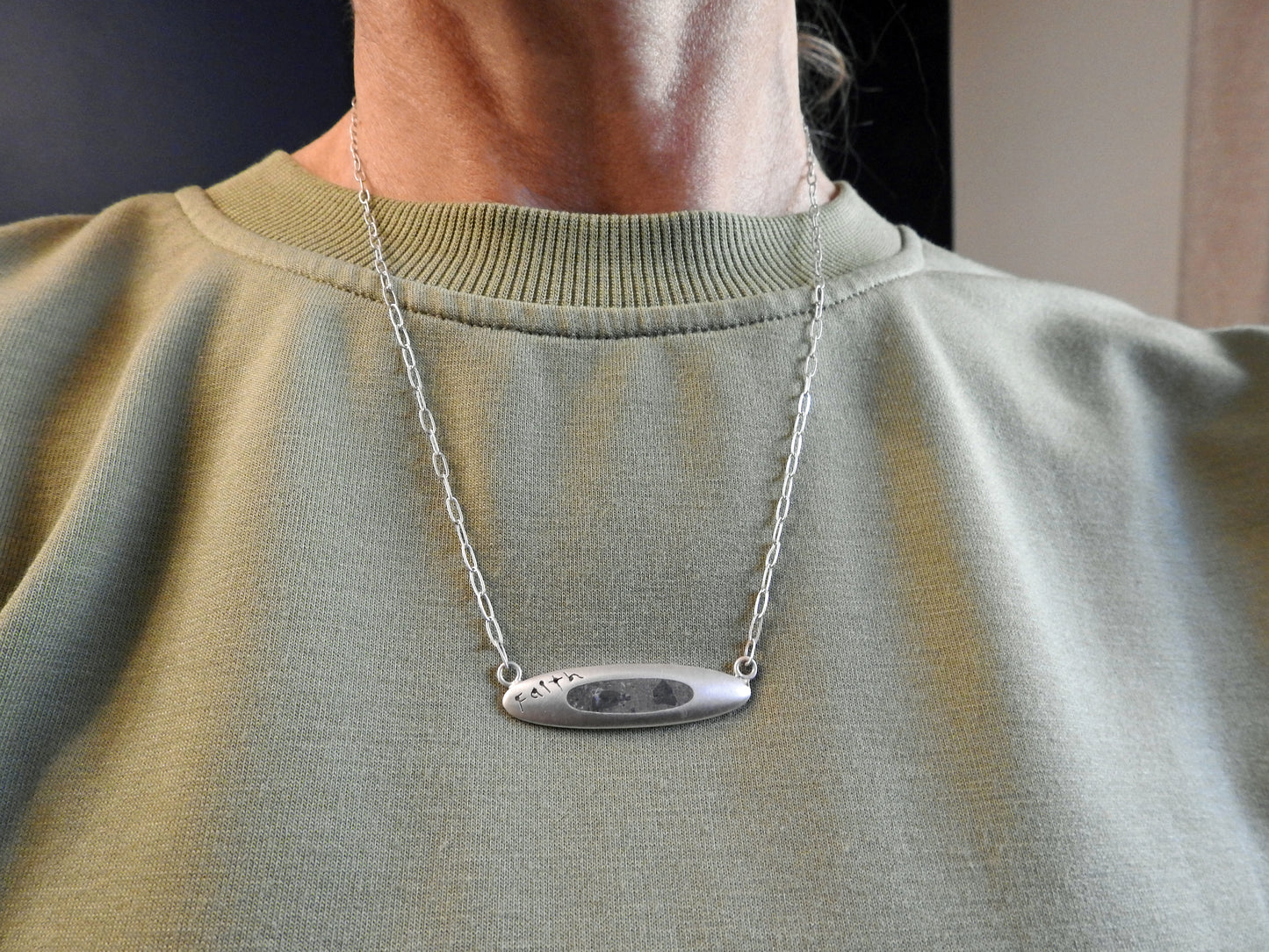 Faith, limestone inlay sterling silver pendant on elongated flat link chain, by ZEALmetal, Nicole Horlor, in Kingston, ON, Canada