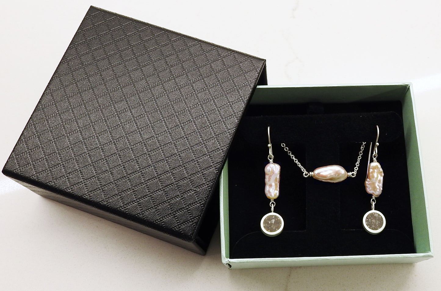 Baroque pearl and limestone inlay Jewellery made by ZEALmetal, Nicole Horlor, in Kingston, ON, Canada