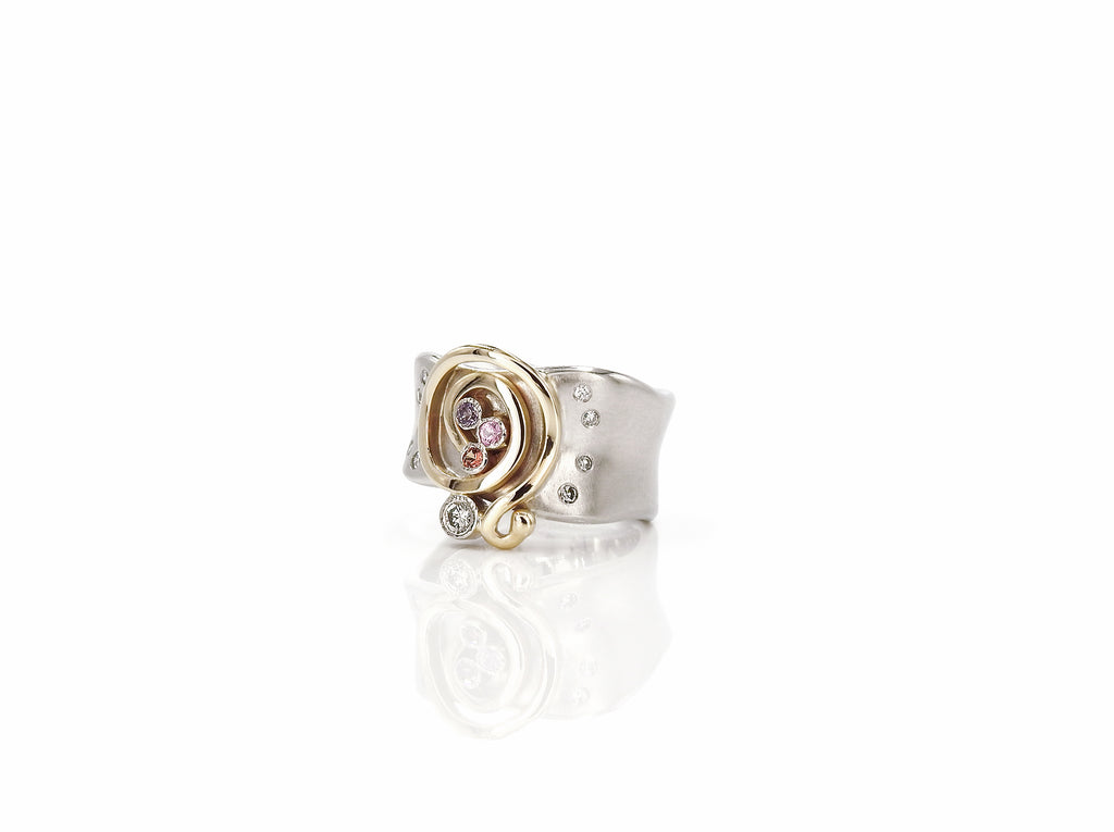 Custom 14kt white and yellow gold ring, with coloured sapphires, round brilliant cut diamonds, made by ZEALmetal, Nicole Horlor, in Kingston, ON, Canada