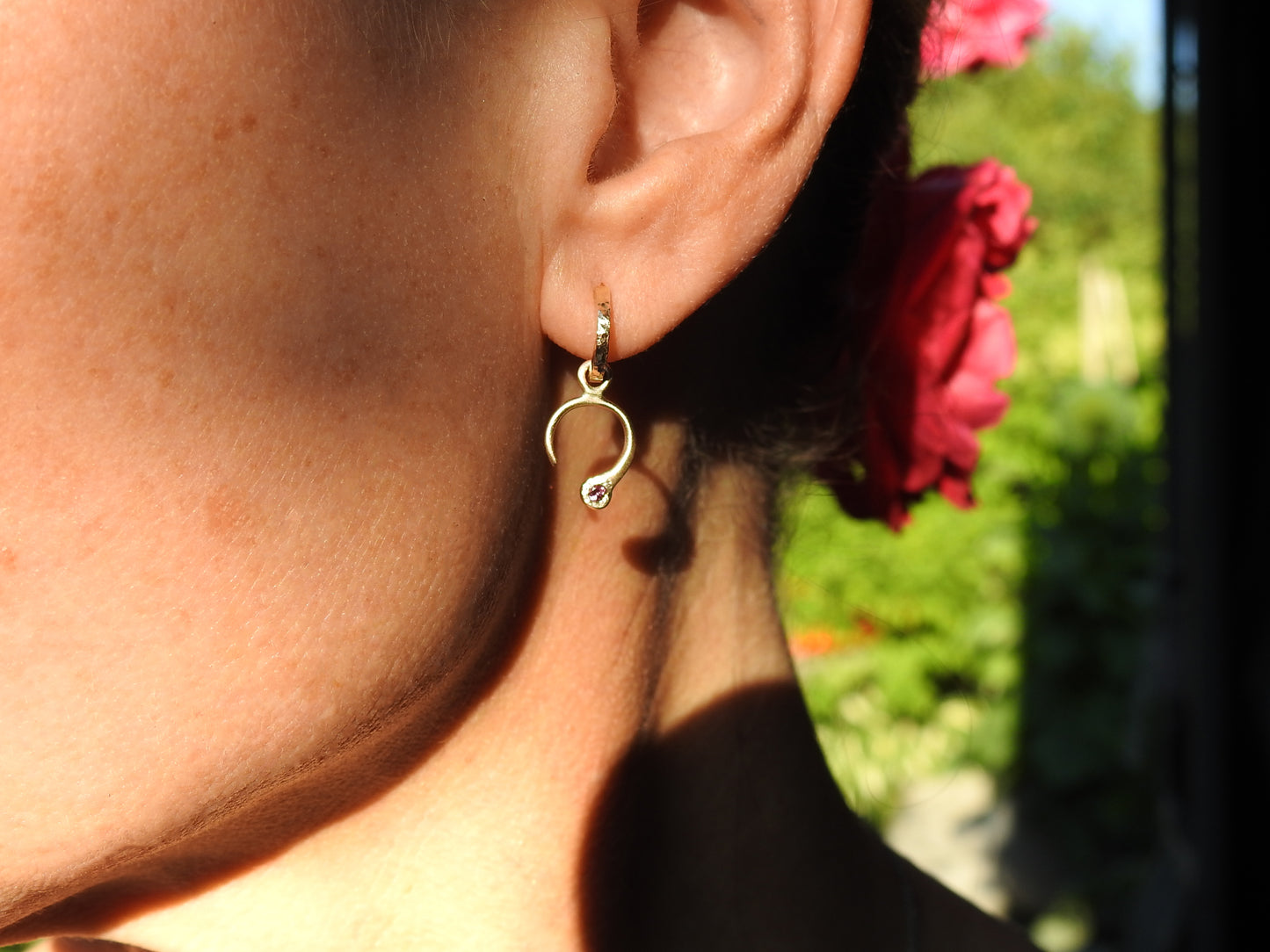 B E micro planish hoops in 14kt yellow gold, by ZEALmetal, Nicole Horlor, in Kinston, ON, Canada