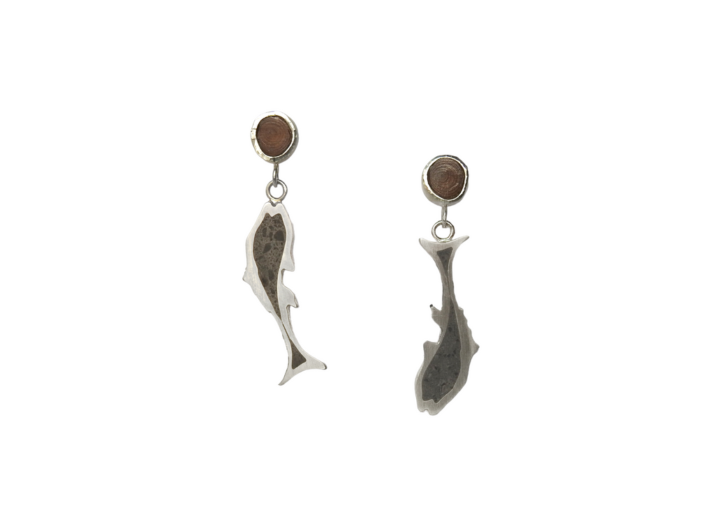 100% recycled sterling silver earrings with driftwood and limestone inlay, by ZEALmetal, Nicole Horlor, in Kingston, ON, Canada