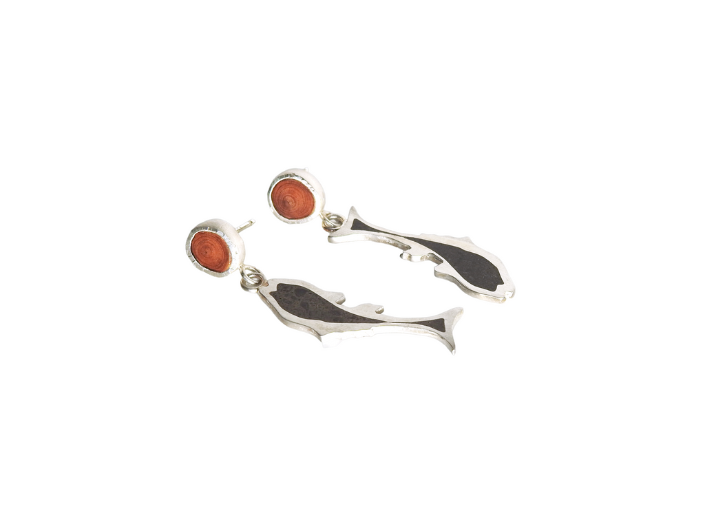 100% recycled sterling silver earrings with driftwood and limestone inlay, by ZEALmetal, Nicole Horlor, in Kingston, ON, Canada