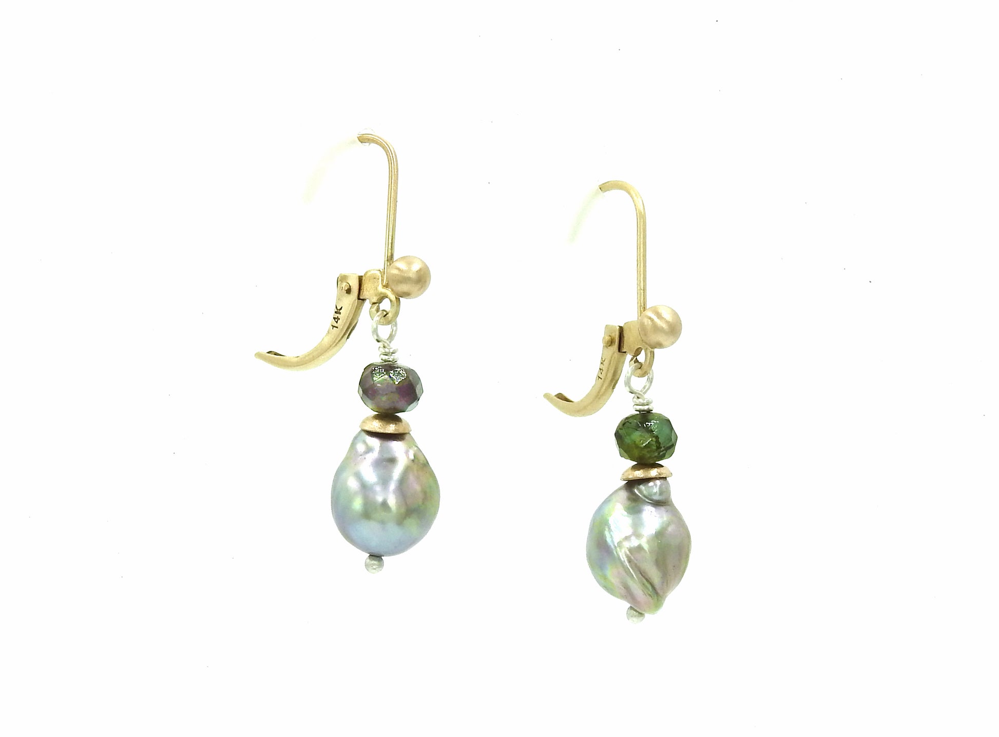 Grey baroque pearl earrings with green tourmaline and 14kt yellow gold lever backs, made by ZEALmetal, Nicole Horlor, Kingston, ON, Canada