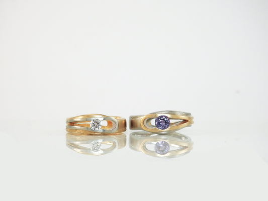 Custom two tone, yellow and white gold rings with diamond and sapphire by ZEALmetal, Nicole Horlor, in Kingston ON Canada