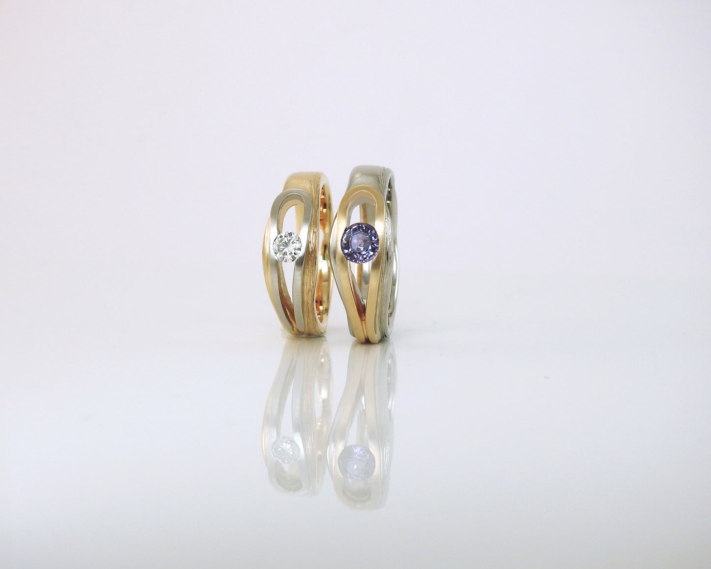Custom two tone, yellow and white gold rings with diamond and sapphire by ZEALmetal, Nicole Horlor, in Kingston ON Canada