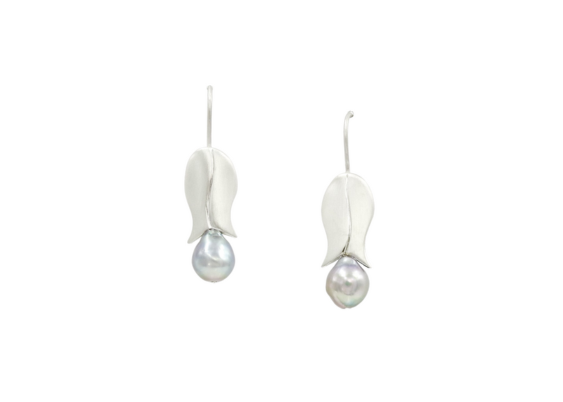 Tulip earrings with silver/grey baroque pearl drops, by ZEALmetal, Nicole Horlor, in Kingston, ON, Canada