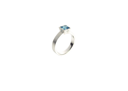 Clean, smooth square, open window bezel ring, with 5mm sky blue princess cut topaz., By ZEALmetal, Nicole Horlor, in Kingston, ON, Canada