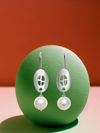 Window pane silver earrings with  round tied pearl drops, by ZEALmetal, Nicole Horlor, in Kingston, ON Canada