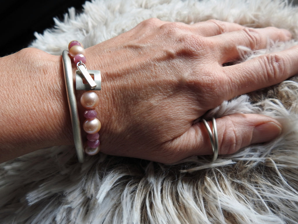 Pink pearl and ruby bracelet with square toggle clasp, by ZEALmetal, Nicole Horlor, in Kingston, ON, Canada