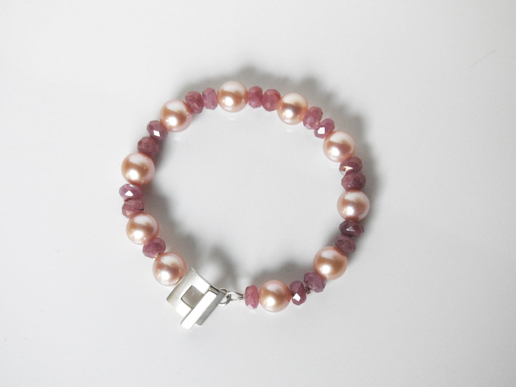 Pink pearl and ruby bracelet with square toggle clasp, by ZEALmetal, Nicole Horlor, in Kingston, ON, Canada
