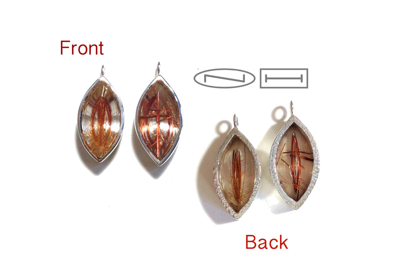 Unique Rutilated quartz mirror cut marquise stones, bezel set in sterling silver, dangling on either B E medium spiral hoops or small B E hoops with gypsy set diamonds, By ZEALmetal, Nicole Horlor, in Kingston, ON, Canada