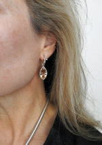 Unique Rutilated quartz mirror cut marquise stones, bezel set in sterling silver, dangling on either B E medium spiral hoops or small B E hoops with gypsy set diamonds, By ZEALmetal, Nicole Horlor, in Kingston, ON, Canada