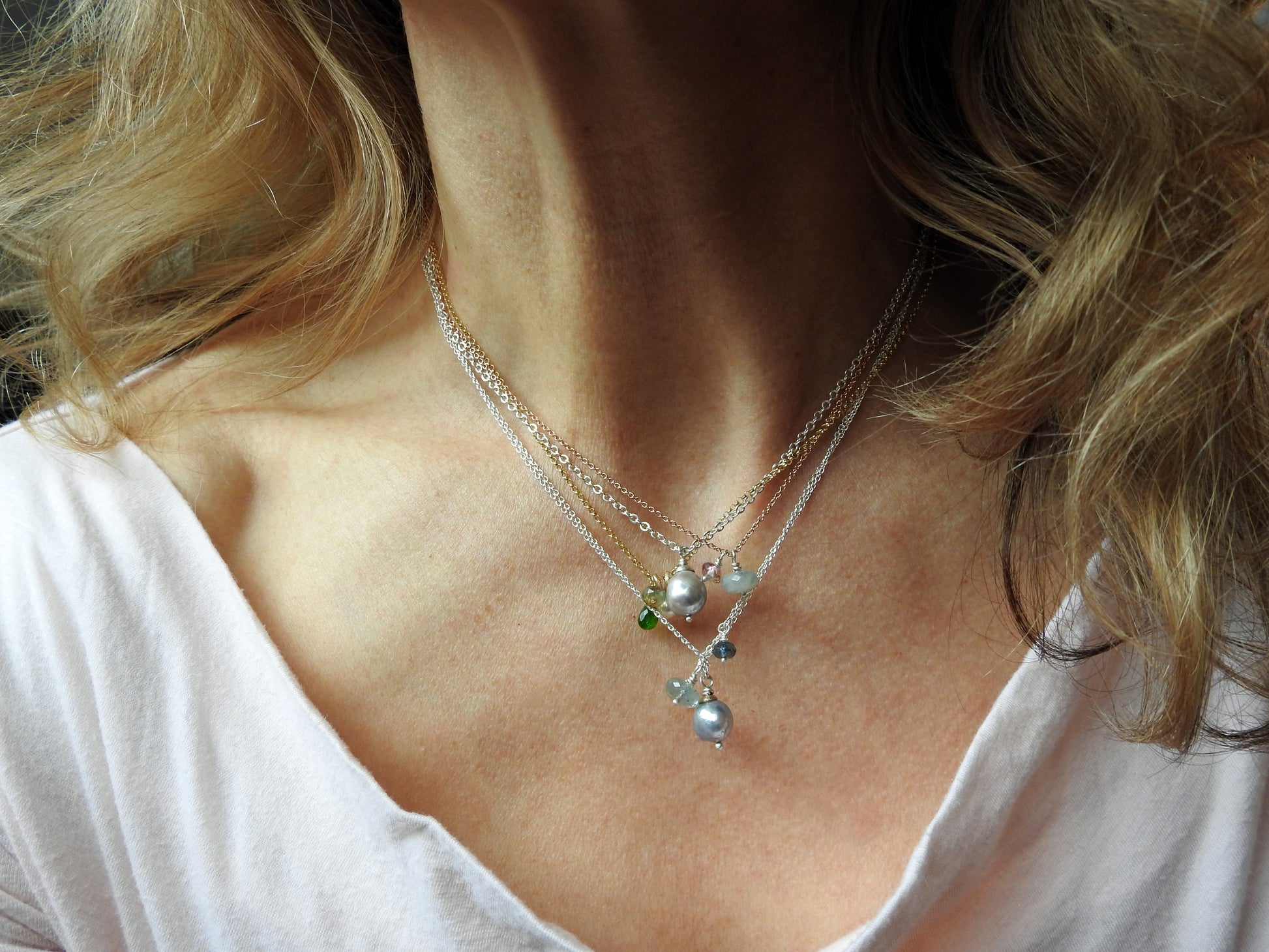 Gemstone Necklace, baroque pearls, sunstone, aquamarine Tourmaline,,  by ZEALmetal, Nicole Horlor, Kingston ON Canada