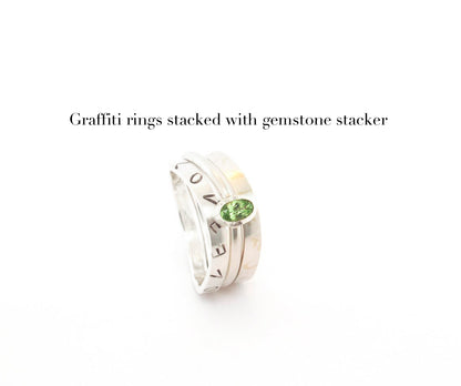 Graffiti stacker rings made from 100% recycled silver and gold, by ZEALmetal, Nicole Horlor, in Kingston, ON, Canada