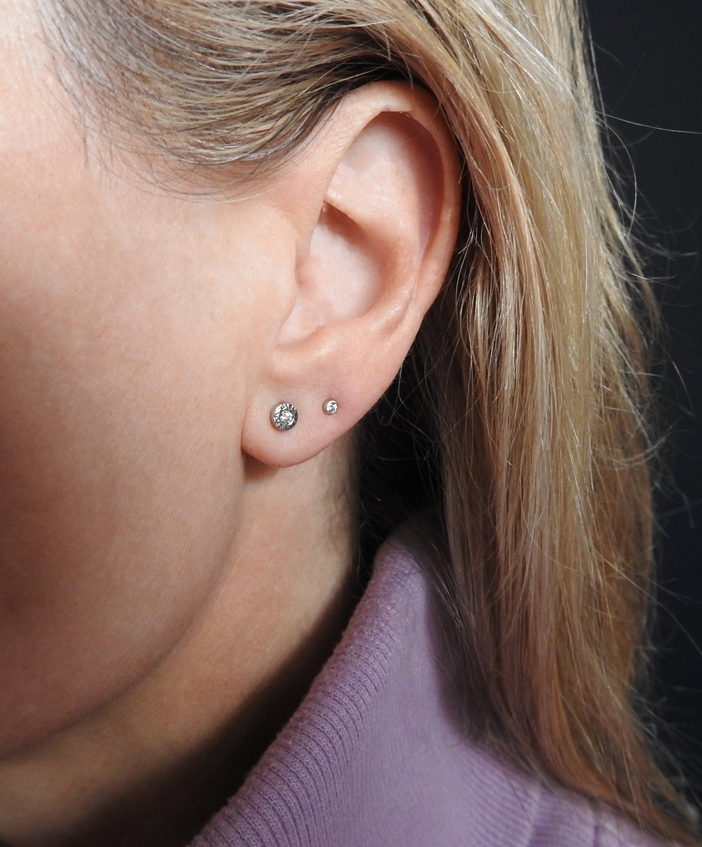  14kt white gold, Planish bezel studs by ZEALmetal, Nicole Horlor, in Kingston, ON, Canada