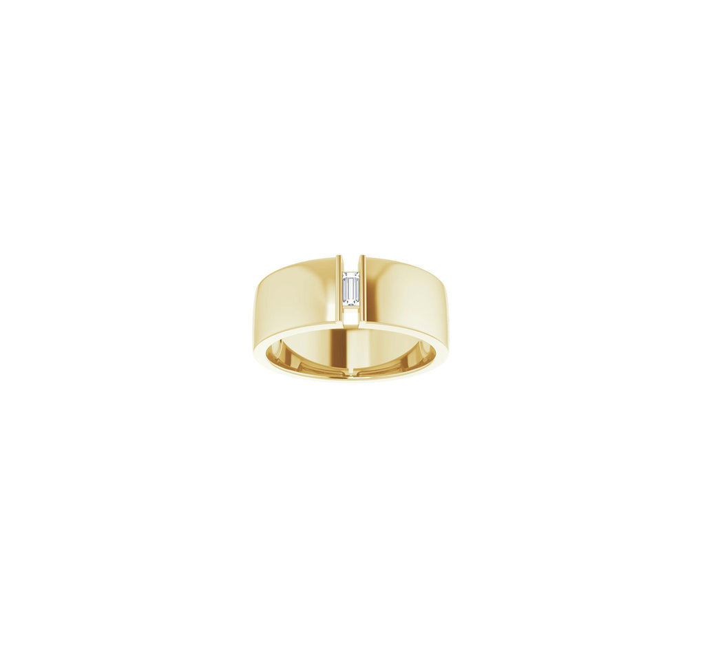 Bold and elegant, 8mm width Faux tension in 14kt yellow gold, with 4x2, 1/8ct straight baguette diamond, by ZEALmetal, Nicole Horlor, in Kingston, ON, Canada