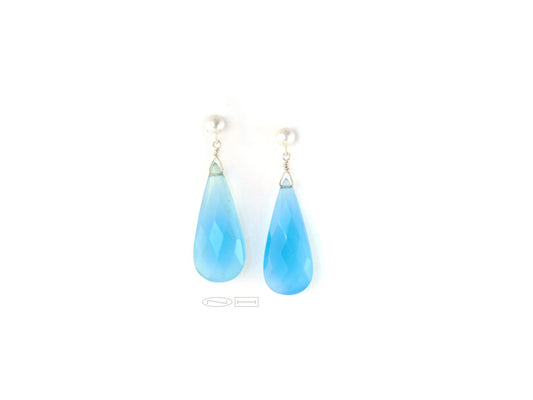 Handmade jewellery by ZEALmetal in Kingston, ON CanadaChalcedony facetted drops ~ 5mm sterling silver ball stud tops with sterling silver tied long tear shaped facetted chalcedony approx. 30mm length x13mm width