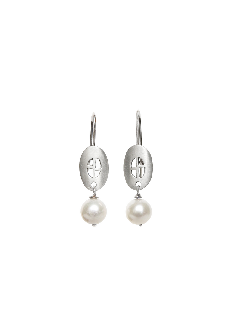 6mm ball top studs witWindow pane silver earrings with  round tied pearl drops, by ZEALmetal, Nicole Horlor, in Kingston, ON Canada